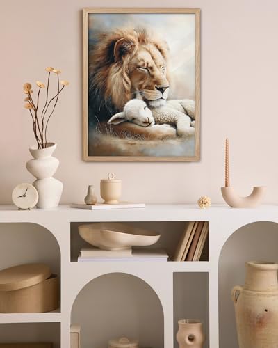KensTro 12x16 Oak Framed Lion and Lamb Christian Wall Art - color: Lion and Lamb Peaceful-Framed, size: 16"L x 12"W