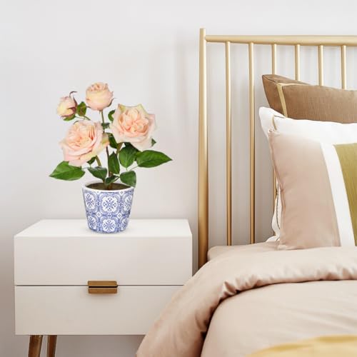 Hollyone Light Pink Real Touch Roses Artificial Flowers in Vase Blue and White Porcelain Ceramic Pot 13.4" Fake Roses Flower Arrangement Artificial Plants & Flowers Potted Plant Faux Silk Rose Flower - color: Rose 3 - Light Pink (13.4inch)