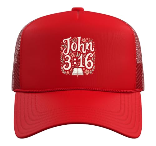 John 3:16 Bible Verse Flowers Christian Religious Women Trucker Hat with Adjustable Mesh Back - color: Red