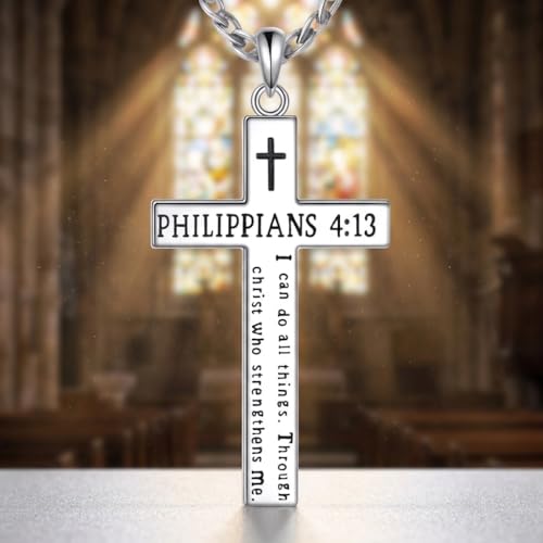 TIGER RIDER Inspirational Bible Verse Cross Necklace Engraved Cross Pendant Religious Jewelry Gifts for Women Men - color: Philippians 4:13