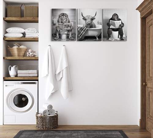 Funny Animal Canvas Wall Art - Black and White Bathroom Decor, Set of 3 Ready to Hang (12''x16'') - color: Bathroom