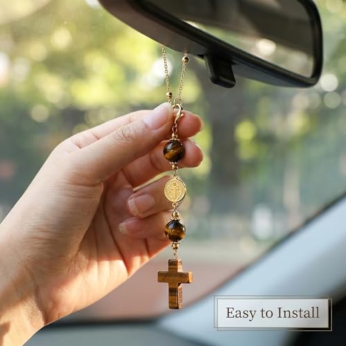 Cross Car Charm Rear View Mirror Accessories - Natural Tiger Eye Crystal Hanging Ornament, Christian Car Accessories for Good Luck, Boho Car Decor Gifts for Women Men - color: Brown