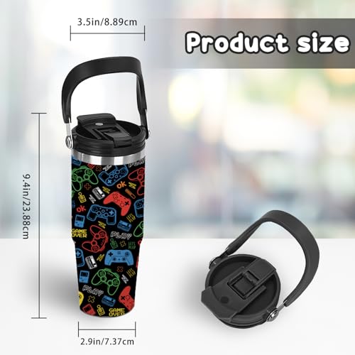30 oz Game Tumbler with Top Handle & Flip Straw, Gamer Gifts for Boys - color: Game2