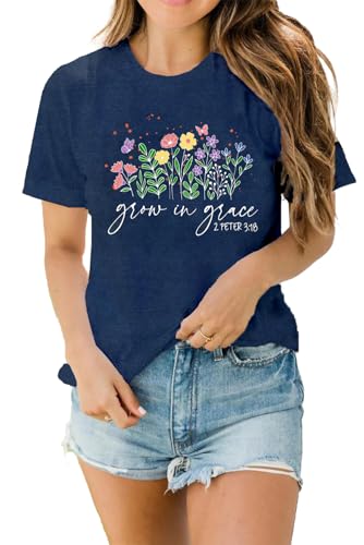 LBP Womens Christian Wildflowers Shirts Grow in Grace Shirt Bible Verse Faith-Based Tee Tops - color: Blue, size: Medium