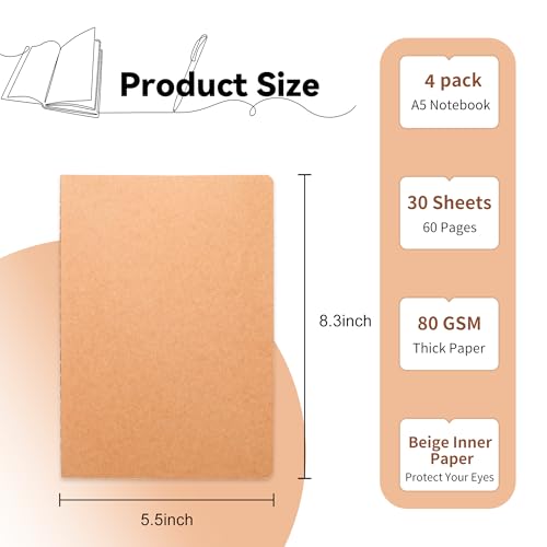4 Pack Blank Kraft Notebooks, 8.3x5.5 Inches A5 Small Journals Bulk Blank Notebooks 80 Gsm Unlined with 60 Pages A5 Subject Notebooks Traveler Journal Set for Adult Students Back to School Supplies - color: Blank inner pages-4 PCS