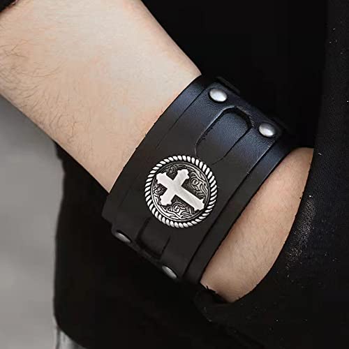 NIGHTCRUZ Wide Leather Bracelet with Cross, Medieval Leather Cuff Wristband for Mens - color: Black