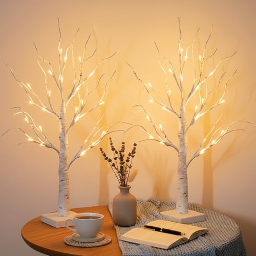 EAMBRITE Lighted Birch Tree Home Decor, Christmas Decorations Indoor 2Pack 24 LED Light Up Tabletop Mini Small Artificial White Trees Lamp with Lights Battery Operated/USB for Table Mantel (2FT) - style: Birch Tree x2