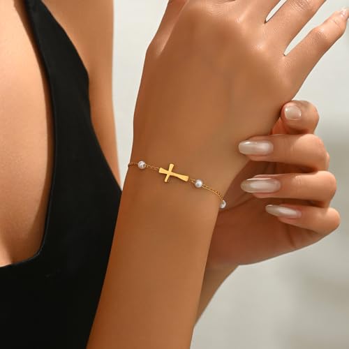 18K Gold Plated Pearl Bracelets for Women Dainty Waterproof - style: Pearls Cross-Gold