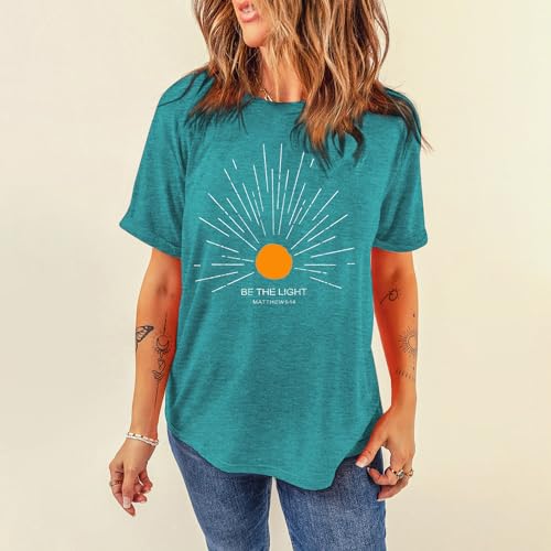MAIHUN Christian Shirt Womens Be The Light Tshirt Sunburst Vintage Bible Verse Tee Top - color: Cyan, size: Large