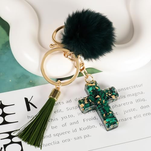 MWOOT 2PCS Cross Keychains for Women, Christian Keyring Tassels Plush, Resin Jesus Key Chain, Bag Charm Car Accessories - color: Red+green