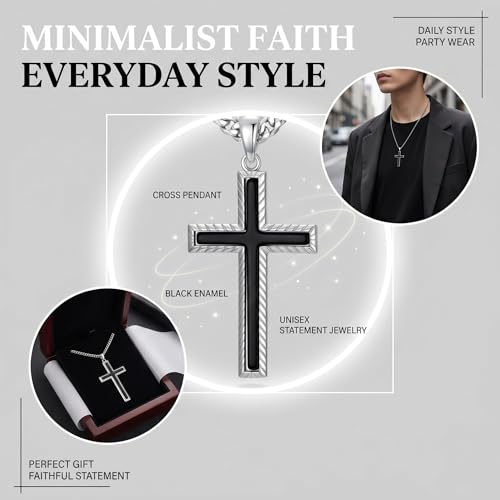 MRENITE Silver Natural Stone Cross Necklace, Classic Latin Cross Pendant Necklace for Unisex Women Man, Vintage Crystal Quartz Cross Necklace with 20+2 Inches Adjustable Cuban Chain - style: Black Onyx