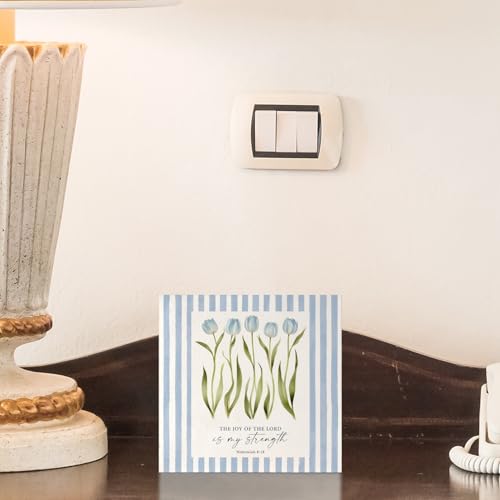 Blue Tulip Floral Christian Wooden Box Sign, Christian Home Room Decor, Nehemiah 8:18 Bible Verses Scripture Religious Wood Signs for Home Room Apartment Desk Table Shelf, 5x5 Inch - color: Nehemiah 8:18