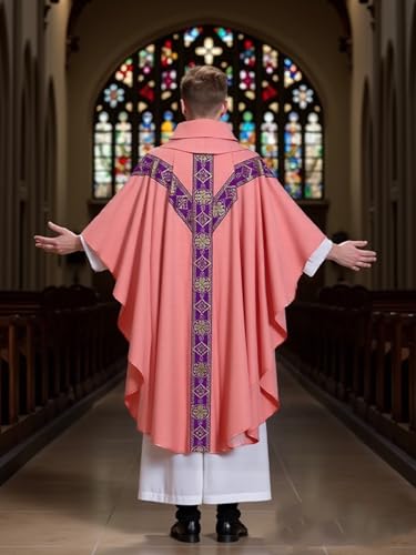 FAD-4U Church Catholic Priest Chasubles Vestments for Church Mass Vestments Robe with Stole - color: Pink&purple