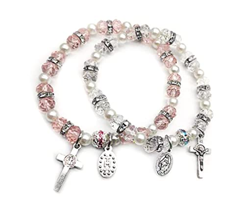 Crystal Cross Bracelet Elastic Beads Stretch Rosary Bracelet with Crucifix and Miraculous Medal for Women Girls - color: pink