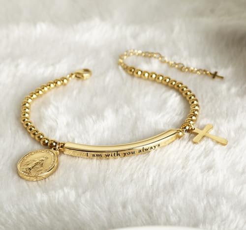 DS Women Christian Charm Bracelet,Cross Scripture Stainless Steel Jewelry - style: I am with you always-Gold