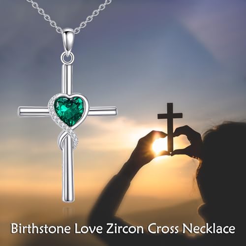 S925 Sterling Silver Cross Necklace for Women Birthstone Necklace Heart Infinity Cross Pendant Necklace Christmas Valentines Day Gifts Birthday Holiday Gifts for Her, 18"+2" Inches - color: 05-May Birthstone - Emerald