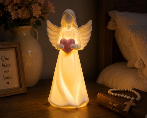 ADAVAS.Y&G Ceramic Angel Figurine with LED Light, 7 Inch Light Up Angel Holding Pink Heart, Inspirational Christian Home Decor for Women, Family, Friends, Birthday, Mother’s Day - color: White With Pink