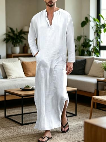 Jacansi Men's 65% Cotton 35% Linen Kaftan Thobe, Long Sleeve Casual Arabic Robe, Loose Long Gown with Pockets - color: White #1, size: XX-Large