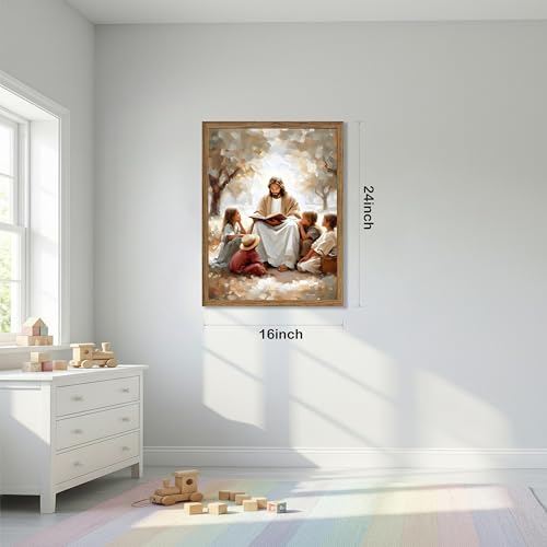 Christian Wall Art, Jesus with Children Canvas Painting, 3D Textured Sandstone Style Wood Framed Artwork, Religious Family Decor for Prayer Room Bedroom 24x16 Ready to Hang - color: Jesus With Children, size: 24"L x 16"W