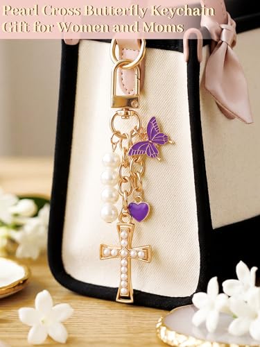 Sureio Cross Butterfly Bag Charm Keychain Christian Resin Gifts Bulk - style: Pearl
