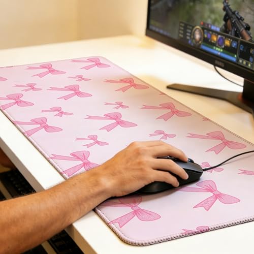 Pink Bow Mouse Pad,35.4 x 15.7 Inch Large Mouse Mat Non-Slip Rubber Stitched Edges for Writing Desk,Office,Home,Laptop - color: Pink Bow, size: 35.4L x 15.7W inches