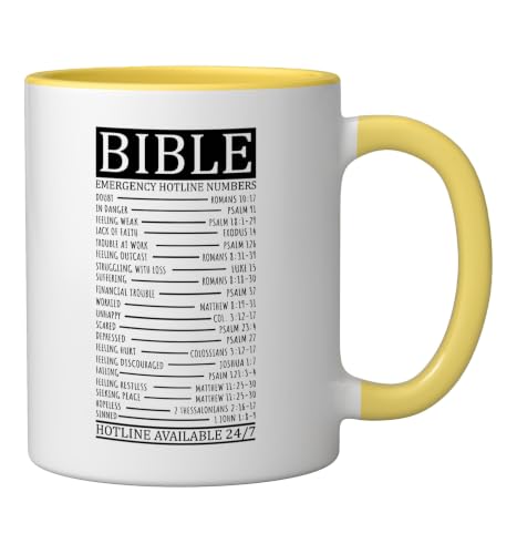Bible Emergency Hotline Numbers | Christian Ceramic Mug, Yellow/White, 11oz - color: Yellow/White, size: 11 Ounces