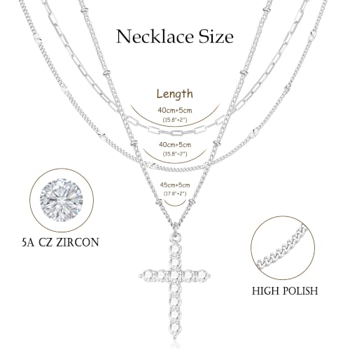 3PCS Gold Silver Layered Necklaces for Women Trendy - color: Silver&Cross