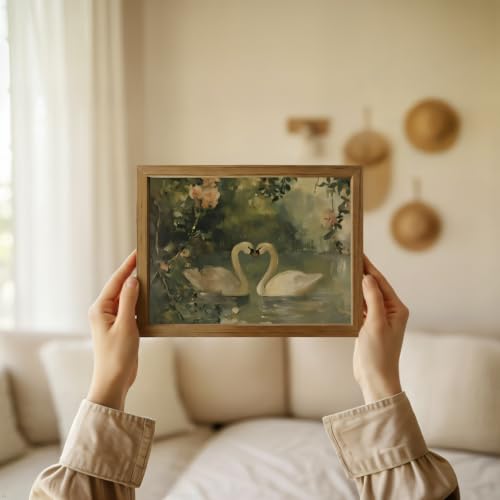 Vintage Swan Wall Art Framed Canvas, Romantic Lake Swans Oil Painting Print, Cottagecore Farmhouse Nature Wall Decor with Solid Wood Frame, Ready to Hang for Bedroom Living Room Bathroom (8x10Inch) - color: tiane, size: 10"L x 8"W