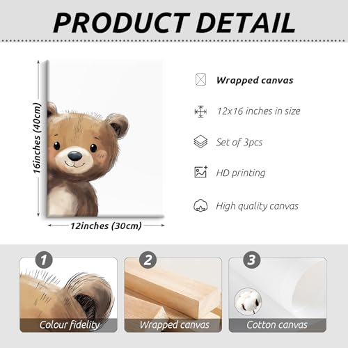 Bear Nursery Wall Art Decor Kids Canvas Poster Baby Boy Nursery Wall Decor Woodland Animal Pictures Teddy Peeking Bear Prints Cute Brown Painting Neutral Artwork Bedroom 12x16x3 Inch Ready to Hang - color: Bear Prints, size: 12''x16'' Wrapped Canvas