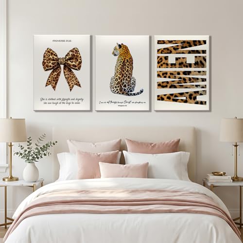 3Pcs Trendy Leopard Canvas Wall Art, Funky Inspirational Bible Quotes Lucky Bow Posters Prints Preppy Room Aesthetic Cheetah Wall Decor Pictures for Bedroom bathroom livingroom office16x24in Framed - color: Biblical Cheetah canvas, size: 24"Lx16"W