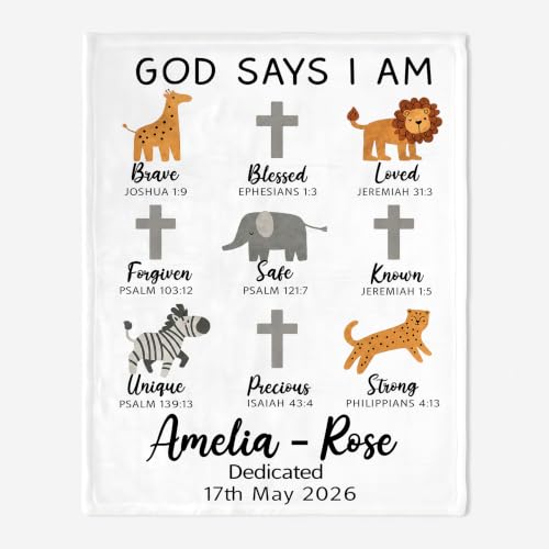 Personalized Baptism Safari Animal Toddler Blanket, God Says I Am Christian Bible Verse Throw, Custom Name Dedication Keepsake for Girl, Religious Gift from Parents Grandparents, Nursery Decor - color: Baptsim Toddler Blanket#12