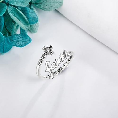 ONEFINITY Cross Rings for Women 925 Sterling Silver Faith Cross Adjustable Ring Christian Spoon Rings Religion Jewelry For Women Daughter Friend - color: Faith-Silver