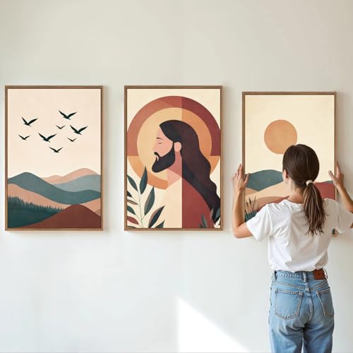 KaiWithYuan Large Jesus Portrait Framed Canvas Wall Art Set of 3, Boho Christian Bible Posters Wall Decor, Catholic Religious Calming Faith Art Paintings for Bedroom Living Room Church Office 16"x24" - color: Christian Jesus Portrait