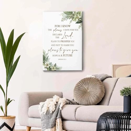 HIWX Christian Bible Verses Wall Decor, for I Know the Plans I Have for You Framed Canvas Painting Wall Art Decor, Sage Green Botanical Religious Wall Art Home Decoration for Bedroom Church, 16x24 - color: Medium Jeremiah, size: 24"L x 16"W