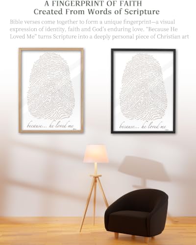 iHery 12x16in Because He Loved Me Fingerprint Bible Verse Framed Wall Art - color: Beige Frame White Art, size: 16"L x 12"W