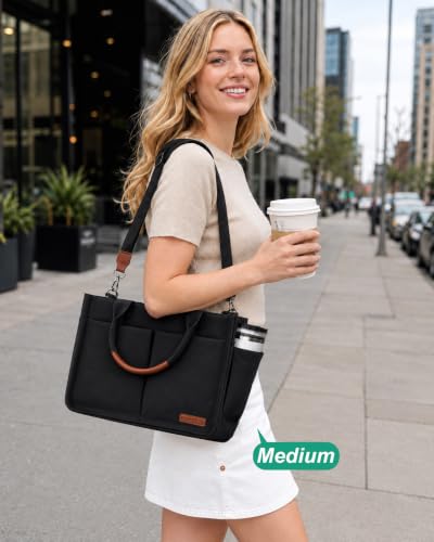 FIORETTO Womens Canvas Tote Bag Purse with Individual Compartment, Zipper Top, Reinforced Bottom & Luggage Sleeve - color: Black, size: Large