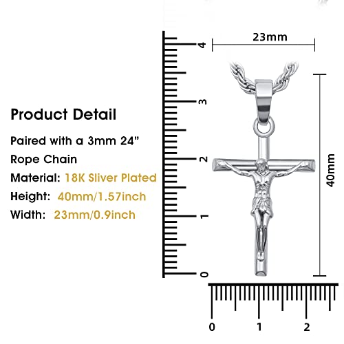 HELLOICE Crucifix Cross Necklace 18K Gold Plated Cross Pendant with 3mm 22" Rope Chain for Men Women - style: Crucifix Cross-Silver