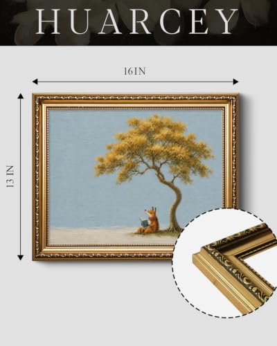 HUARCEY Autumn Fox under the Tree Vintage Gold Framed Canvas Wall Art - color: Read the Fox, size: 16"L x 13"W