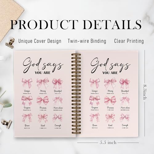 Pink Christian God Says You Are Beautiful Spiral Notebook, Pink Bow Journal Notebook, Bible Journal Notebooks, Coquette Christian Scripture Office Supplies Gifts for Women Girls, 5.5X8.3 Inch