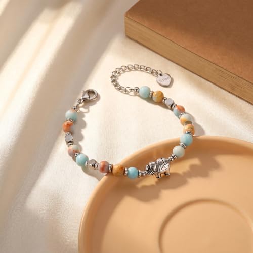 Bracelet for Women Natural Stone Beaded, Stainless Steel Charms, Adjustable - color: 8-Elephant