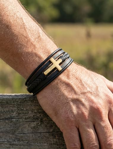 Mens Leather Cross Bracelet Braided Multi Layer Wristband with Stainless Steel Clasp - Christian Religious Gifts for Him(Brown/Black/Blue) - color: Black Leather&Gold Plated, size: 9in(Fits larger wrists)