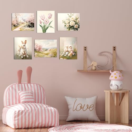 HOURIA 6Pcs Framed Spring Canvas Wall Art(8”x10”), Eggs Bunny Chicks Easter Wall Decor, Vintage Spring Tulip Floral Wildflowers Cottage Landscape Art Prints for Farmhouse Living Room Bedroom Nursery - color: Spring Rabbit Canvas Wall Art, size: 8X10inches