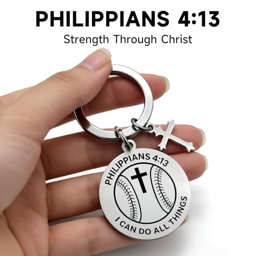 OFlyDesigns Christian Football Sports Keychain, Philippians 4:13 Engraved Inspirational Gift for Men Women Teens - style: Baseball