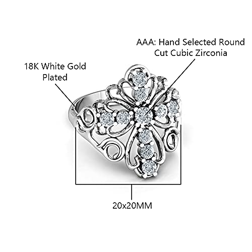 Savlano 18K White Gold Plated Round Cut Cubic Zirconia Filigree Cross Ring Women Religious Ring