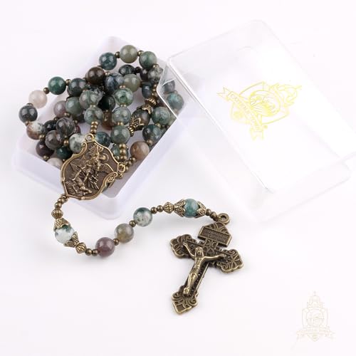 Catholic Town 8mm India Agate Natural Stone Beads, Large Rosary with Caps Saint Michael the Archangel Medal and Pardon Crucifix (CTROSSMA-IA)