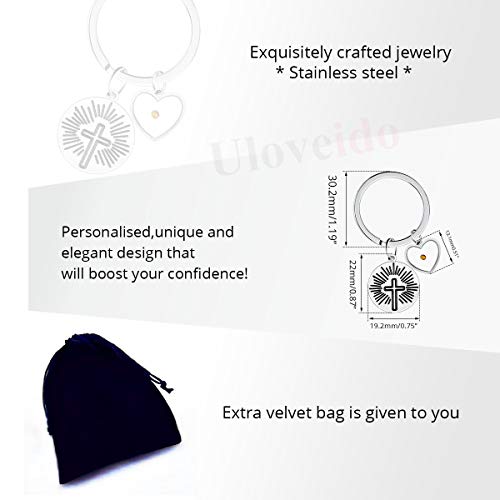 Uloveido Stainless Steel Faith Cross Keychain & Jesus Loves Me Christian Keyring Mustard Seed Charms Religious Jewelry - style: Sun Ray-heart