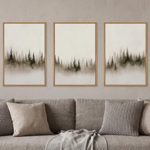 Abstract Neutral Gray Forest Landscape Framed Canvas Wall Art Set, Watercolor Foggy Woodland Wall Decor, Modern Minimalist Misty Pine Tree Artwork for Living Room, Farmhouse, Office- 24"x36"x3 - color: Neutral Gray Misty Forest Wall Art, size: 24"L x 36"W