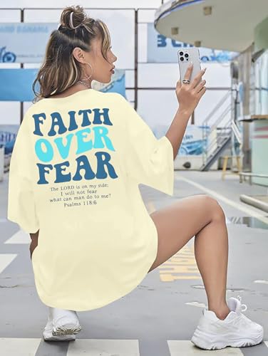 BANGELY Faith Over Fear Shirt Women Graphic Shirts Oversized Workout Gym Christian Religious Tees Drop Shoulder Tee Tops - color: Apricot, size: Small