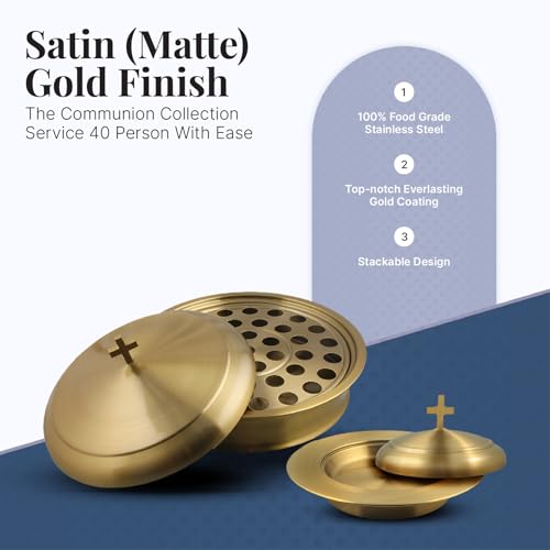 Communion Ware Holy Wine Serving Tray with A Lid & A Stacking Bread Plate with A Lid - Stainless Steel (Brass/Gold) - color: Brass/Gold