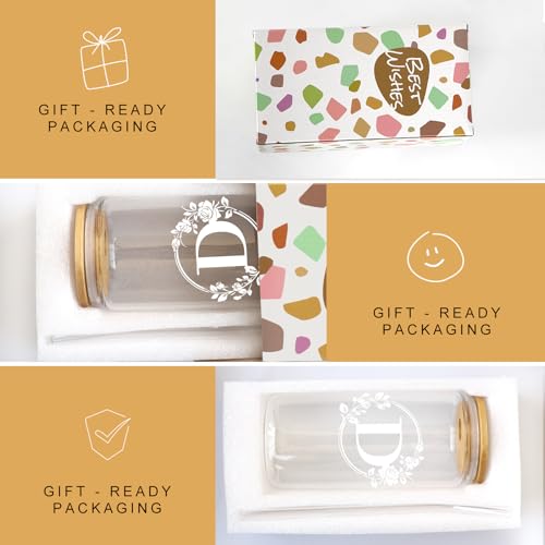 Birthday Gifts for Women, Monogrammed Initial Glass Cup Personalized Gifts for Women, 16oz Glass Cups with Lids and Straws, Iced Coffee Cup, Beer Can Shaped Glass - Gifts for Mothers Day, Christmas, D - style: D